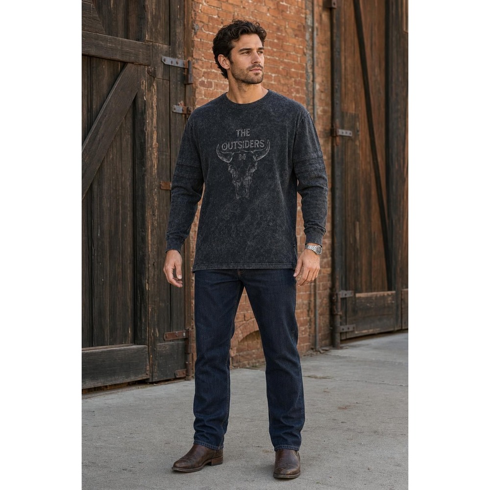 NEW Pennant Shirt Men's M Black The Outsiders Bull Skull Washed Long Sleeve